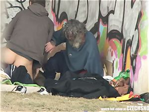 Homeless threeway Having orgy on Public